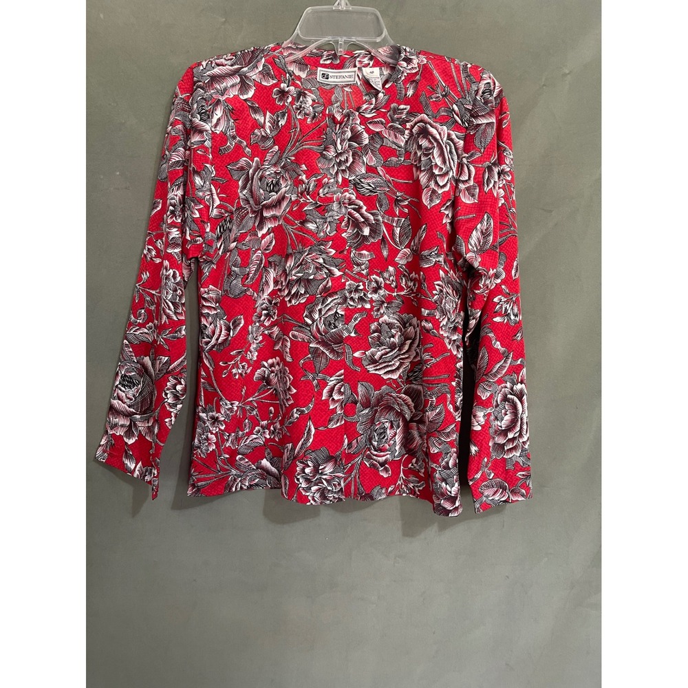 Stefanie Red Floral Rose Print Long Sleeve Blouse Top Women 4P Petite 23924
